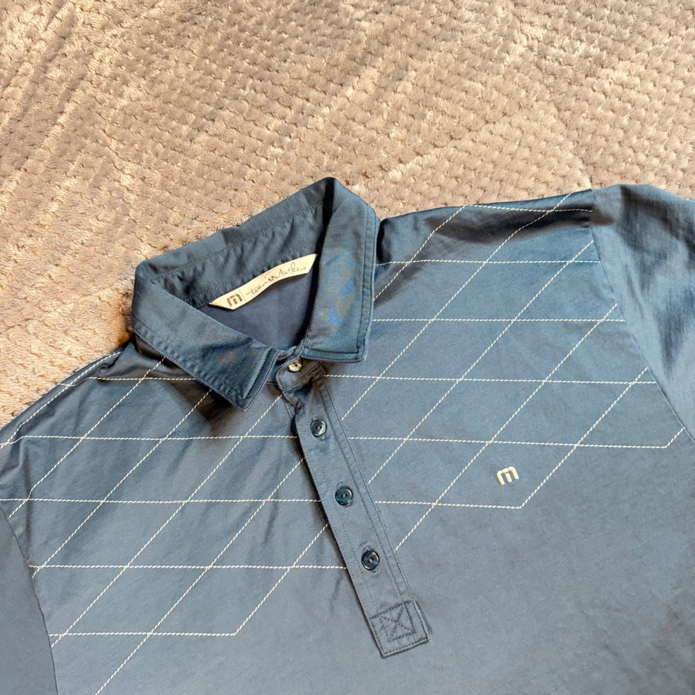 Travis Mathew Mens XL Polo Shirt Blue Diamond Stitched Performance Golf 0431